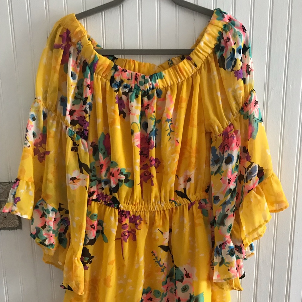 Yellow Floral Strapless Spring Dress